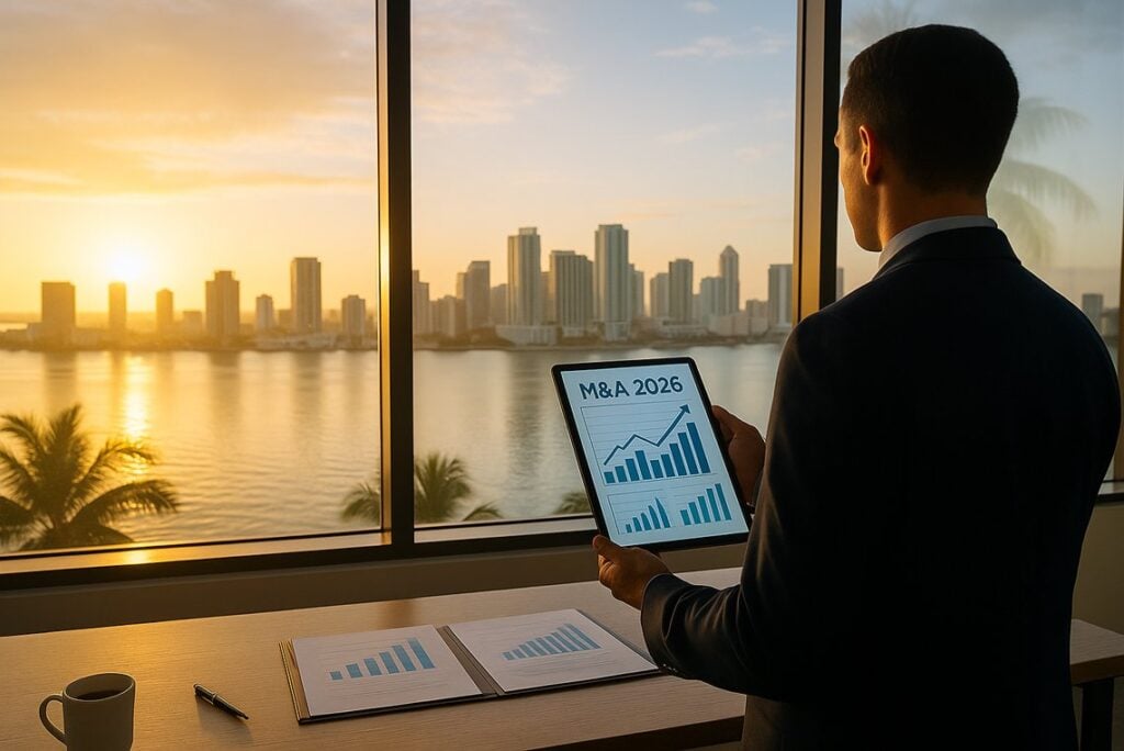Business professional reviewing M&A trends and market growth in Florida for 2026.