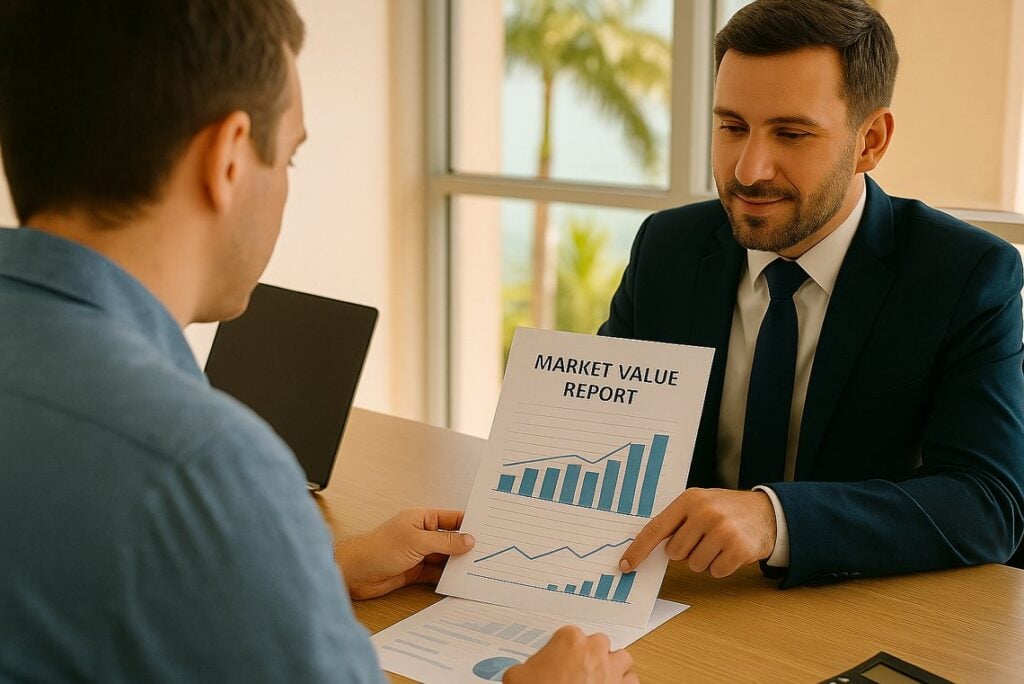 Florida business broker reviewing valuation report and pricing data with a client.