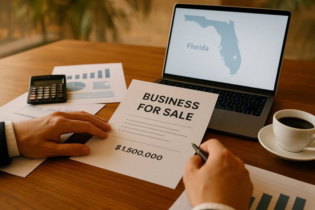 Buyer reviewing a business for sale listing and financial reports in a Florida office