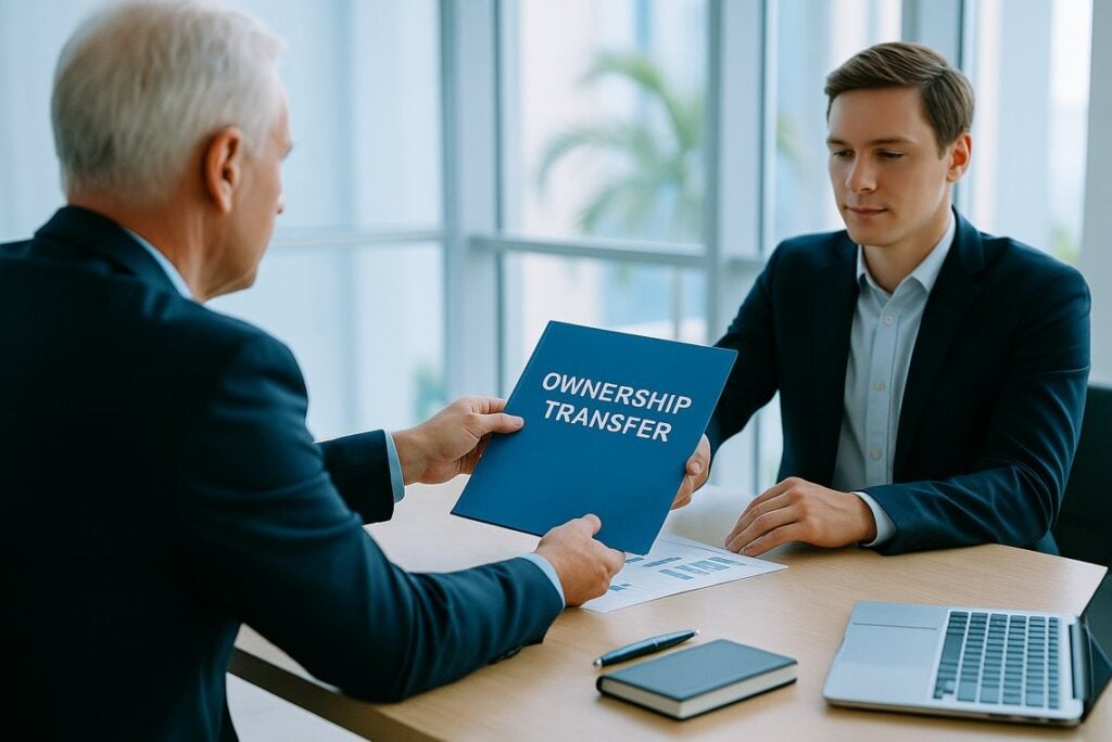 Florida business owner transferring company ownership to a new partner in a professional setting.