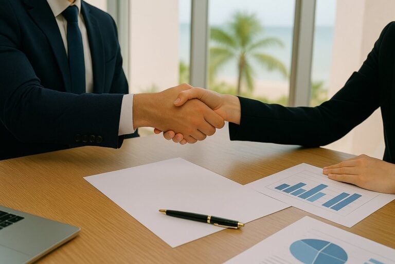 Business partners agreeing on a merger or sale deal in a Florida office.