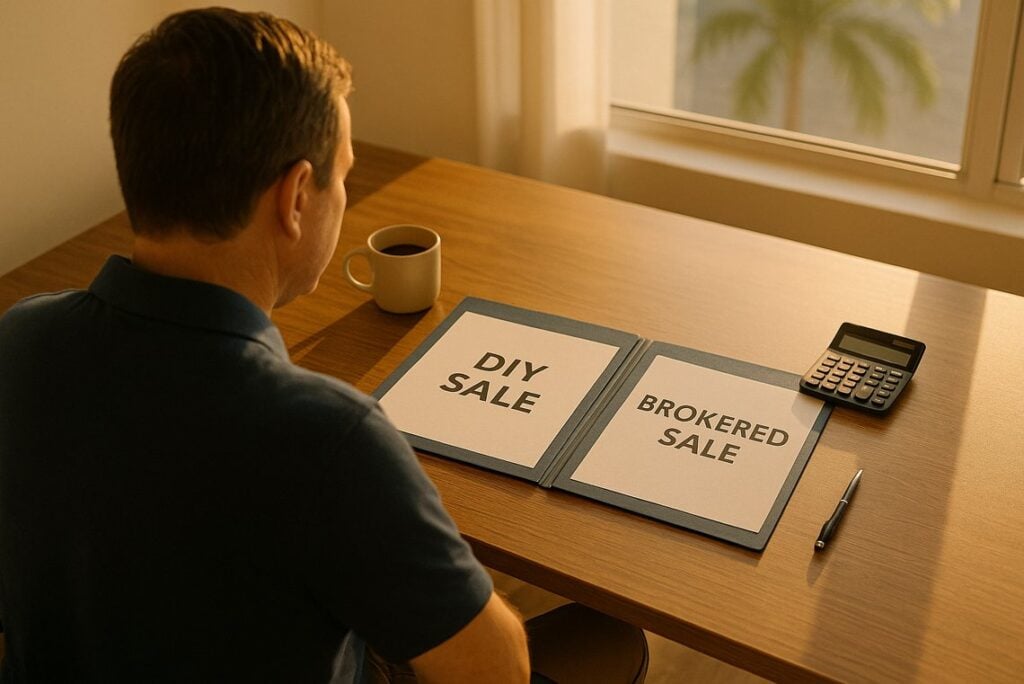 Florida business owner deciding between selling a business with a broker or on their own.